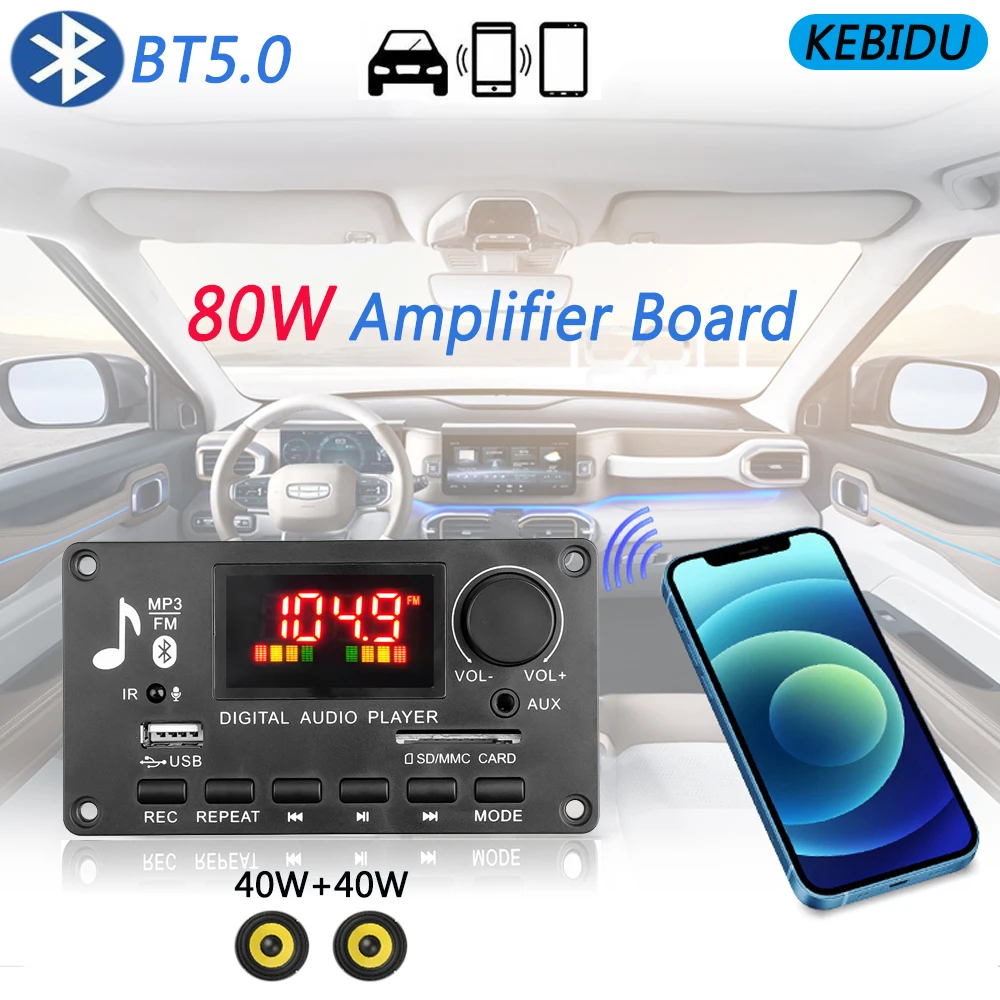 80W Bluetooth 5.0 MP3 Decoder Board Amplifier Wireless Car Music Player Support Radio TF USB 3.5mm AUX Module Car Speaker kit