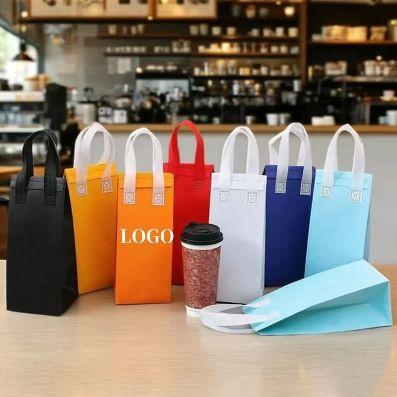 10/20PCS Nonwoven Handle Bags Custom LOGO Drink Milk Tea Coffee Portable Takeout Cup Bags Keep Warm Cold Delivery Bags Packaging