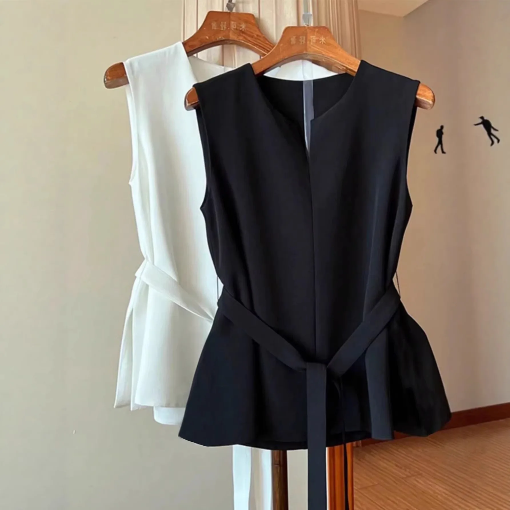 Women Blouses Solid Shirt Straight Lace Up Slit Sleeveless V Neck None Strech Loose Fit Office Lady Casual Elegant 2026 Summer
