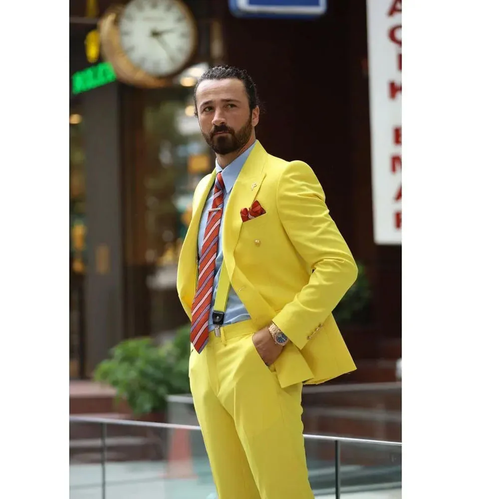 Fashion Yellow Men\'s Suits Double Breasted Notch Lapel 2 Piece (Jacket+Pants) Costume Homme Wedding Party Office Blazer Set