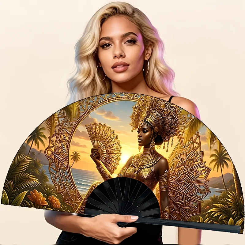 Golden Tribe Ladies Folding Fan, Exotic Retro Style Handheld Fan, Suitable for Outdoor Activities, Parties, Gatherings, Weddings, And Cultural Events.Ladies' Fashion Additions