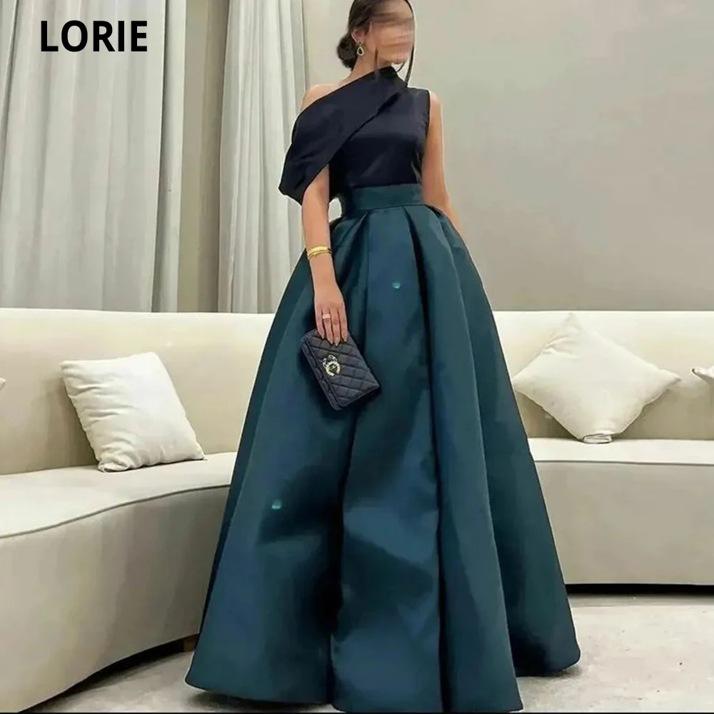 

LORIE Saudi Arabic Women Black Green Satin Ruched Prom Dresses One Shoulder Long Formal Party Evening Gowns Vestidos De Noche