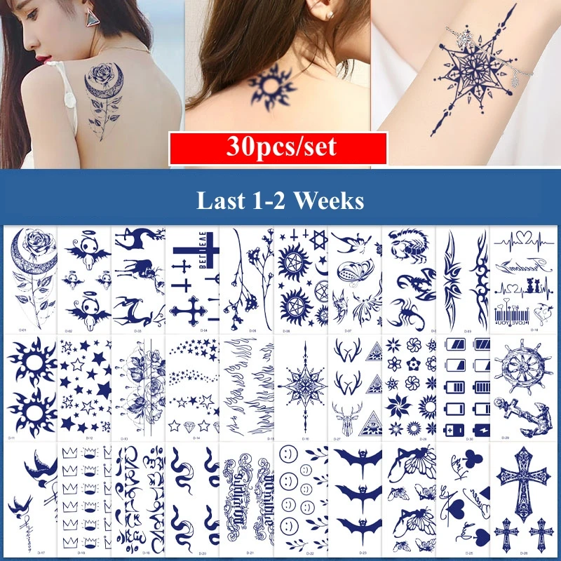 30pcs/set Herbal Juice Tattoos for Women Men Words Electrocardiogram Pattern Snake Butterfly Totem Fake Tattoos Long Lasting