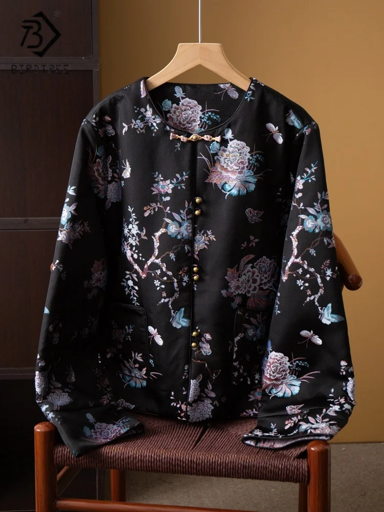 

BirdTree,Filling 100% Mulberry Silk Coat For Women,Song Brocade Chinese Style Jacket,Single breasted,2025 Winter New T5D616JF