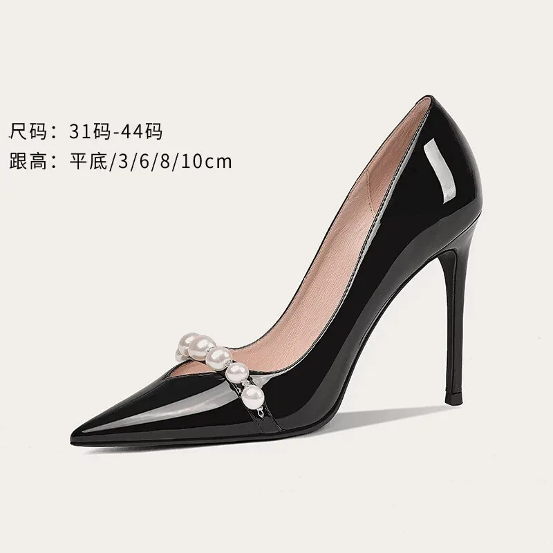 Spring and summer pointed patent leather pearl flat sole single shoes thin high-heeled banquet dress large and small women shoes