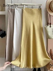Beiyingni French Satin Split Long Maxi Skirt Women Summer New Fashion Casual Slim Fit Pack Hip A-line Skirts Ladies Kpop Faldas