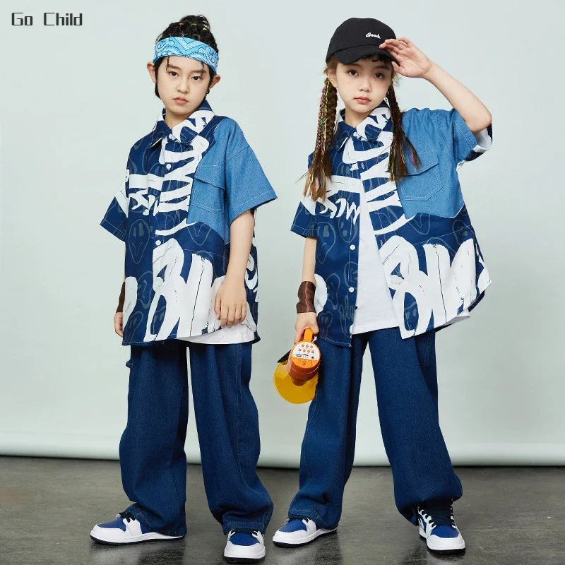 Hip Hop Boys Graffiti Jeans Shirt Loose Pants Girls Street Dance Cool Denim Jacket Kids Jazz Clothes Sets Children Streetwear