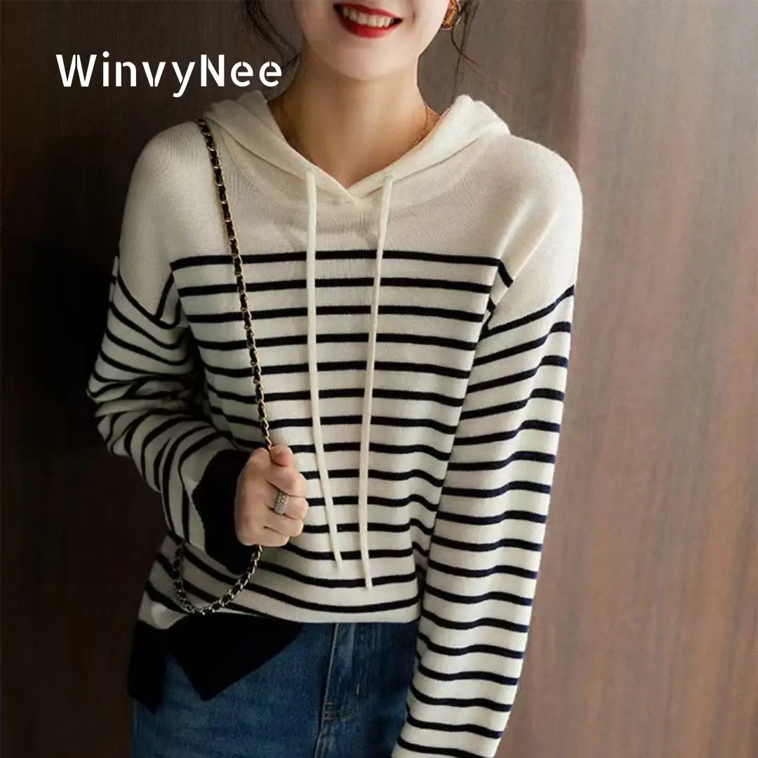 

WinvyNee Women's Clothing Wool Hooded Sweater Striped Color Block Loose Lazy Style Spring Basic Casual Knitted Top ZA1047009