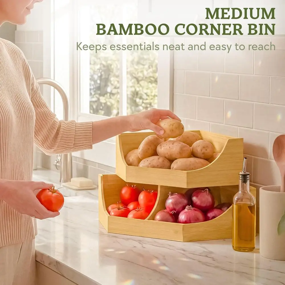 Bamboo Storage Bin, 2-Tier Stackable Potato and Onion Storage Bin or Kitchen Counter Shel, Wooden Produce Storage Pantry Organiz view 2