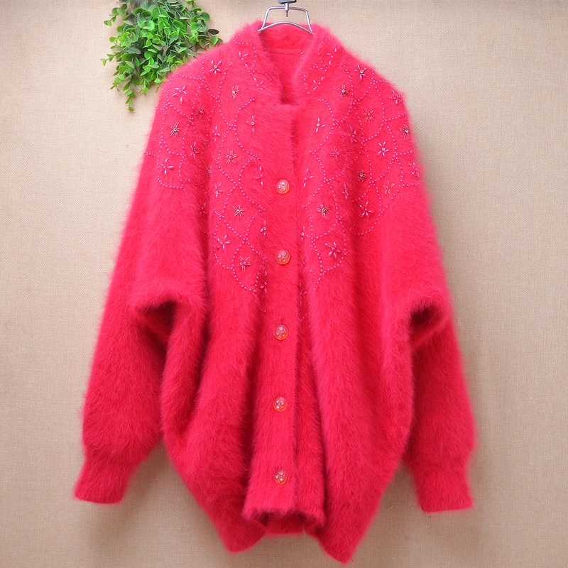 

Women Mujer Autumn Winter Vintage Beading Embroidery Angora Rabbit Hair Knitted Long Batwing Sleeves Loose Cardigan Sweater Coat