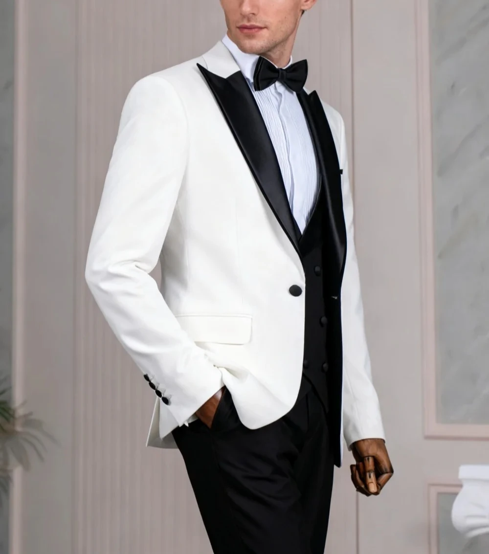 Classic Men's 3PCS Suit Jacket Vest Pants White Black Peak Lapel Men's Suit Set Vibrant Slim Fit Groom Tuxedos Premiere Suit