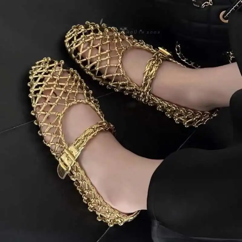 

Тканые полые женские туфли Мэри Джейн, летние дышащие сандалии с официальной юбкой, балетки на плоской подошве с вырезами