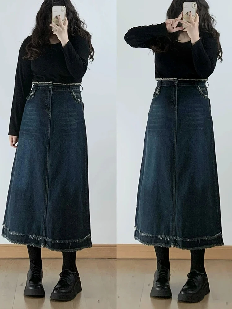 

Женская джинсовая юбка миди больших размеров с высокой талией, свободного кроя, А-силуэта, с рваным подолом, для фигуры типа «груша», повседневная, весна-лето