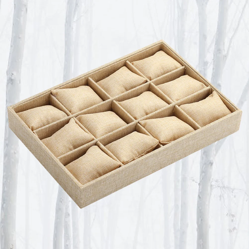 Delicate Multi-lattice Watch Case Pillow Design Storage Tray Flannelette Watch Storage Box (Linen Color)