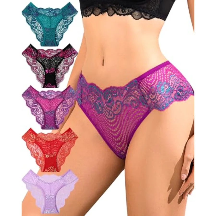 

SIONCY Sexy Lace Bikini Underwear for Women High Cut Cheeky Panties Low Rise Scalloped Edge Breathable Undies 5 Pack