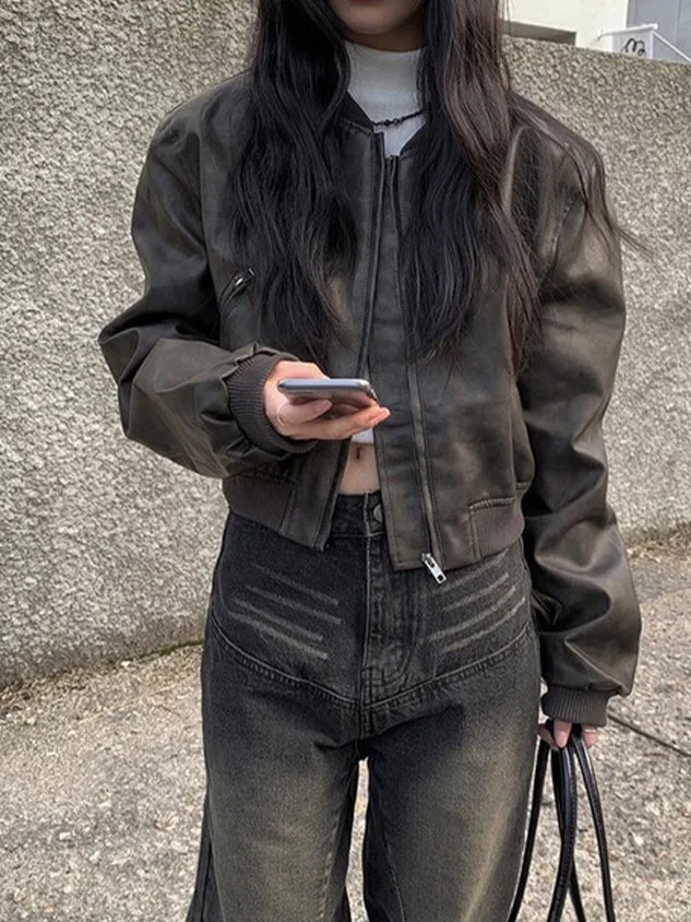 Stylish Vintage BF Style Loose Fit Collared Motorcycle Jacket Short Outerwear Women's Trendy PU Leather Coat Youth Spring Lon...