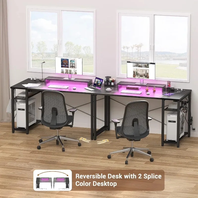 Computer table with LED, Gaming table with sockets, 40 reversible laptop table with monitor stand,