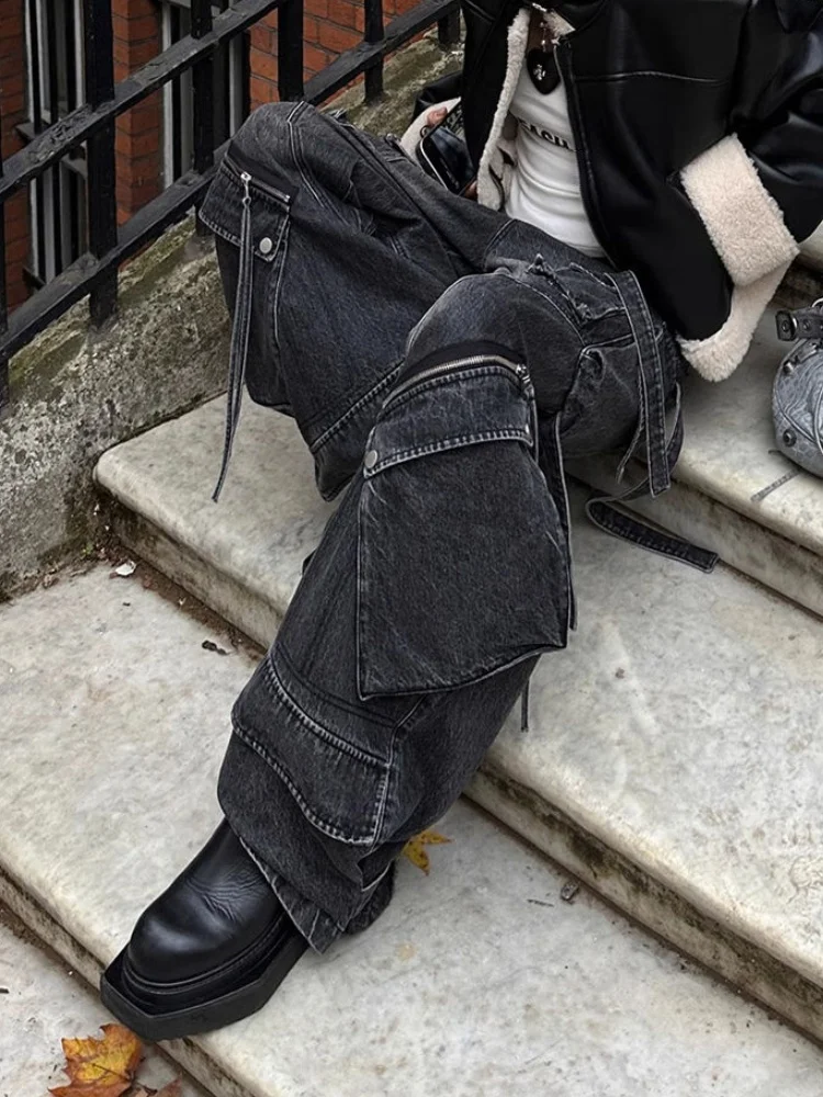 2024 estilo punk y2k streetwear lavado preto baggy carga calças jeans para mulheres roupas de grife perna larga senhora calças ropa mujer