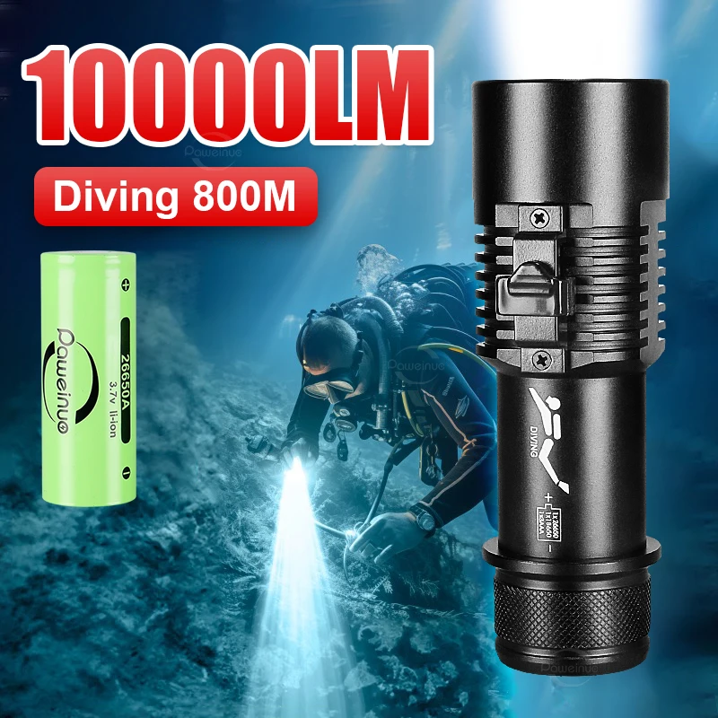 Super Bright 10000LM Professional Diving Flashlight High Power Diving 800M Underwater Dive Torch Scuba Diving Lantern Fishing