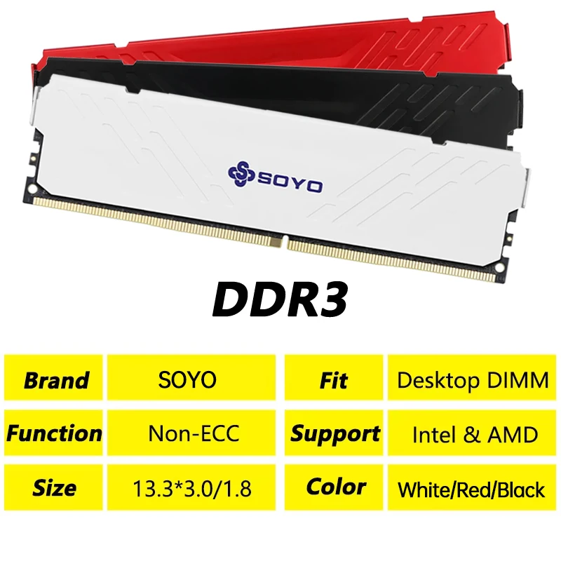 SOYO DDR3 8GB Desktop Memoria Ram 1600Mhz 1.5V 240Pin Non-ECC DIMM Memory Ram For Intel & AMD New Memoria Rams With HeatSink