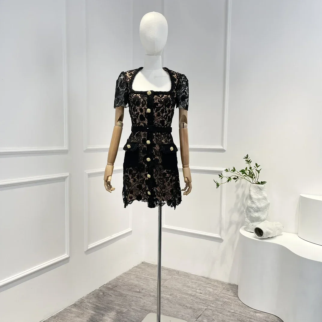 

New Collection High Quality Fashion Black Floral Hollow Out Vintage Lace Mini Dress Women Spring Summer