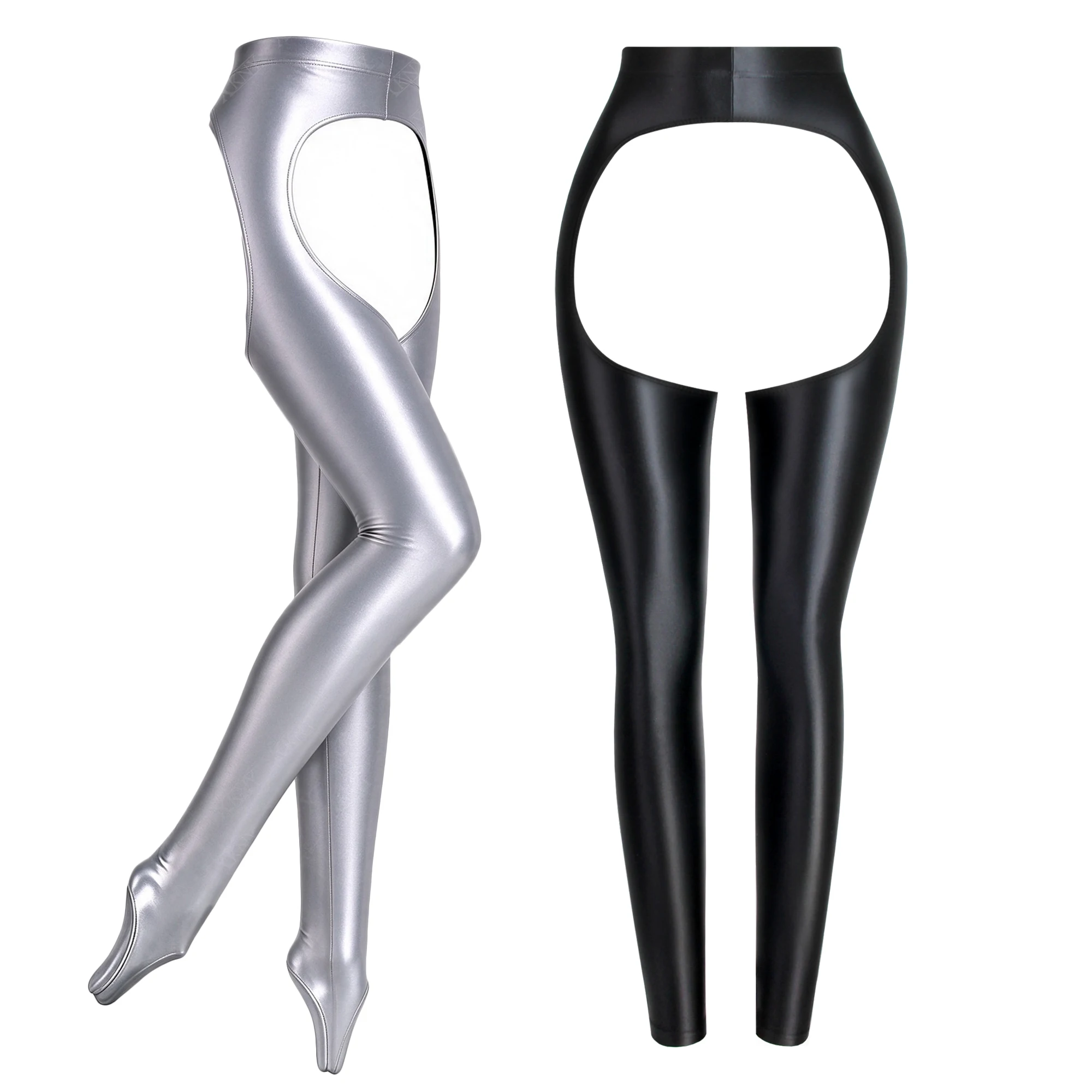 XClocKNYoung Satin Glossy Pants Open Crotch Pantyhose Hollow Socks Yoga Swimming Pants Front and Back Cut-Out Pants