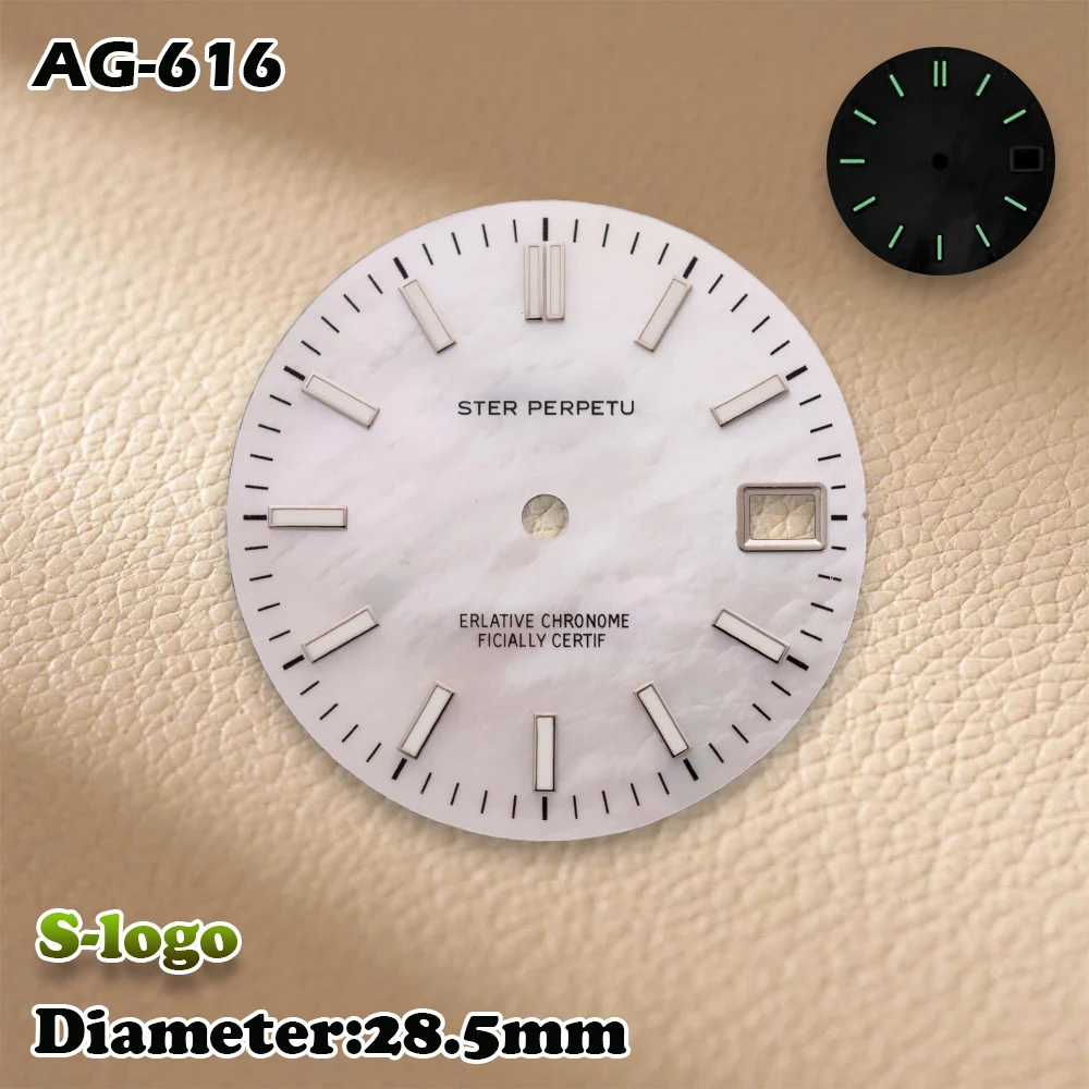Sロゴ 28.5mm NH35 ログ マザーオブパール文字盤 NH36ムーブメント グリーン夜光 メンズ腕時計改造アクセサリー