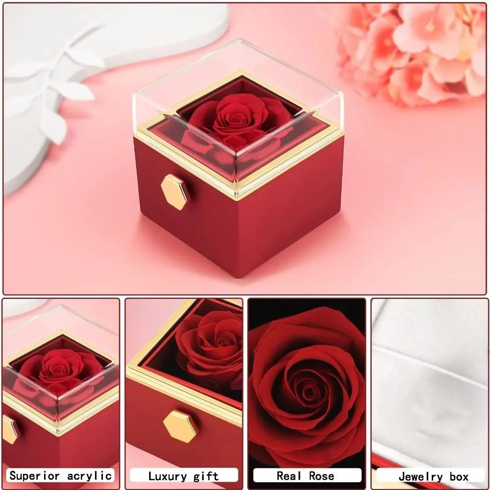 

Rotation Rose Jewelry Gift Box Eternal Rose Ring Display Proposal Ring Boxes Dustproof Luxury Jewelry Display Rack Mother's Day