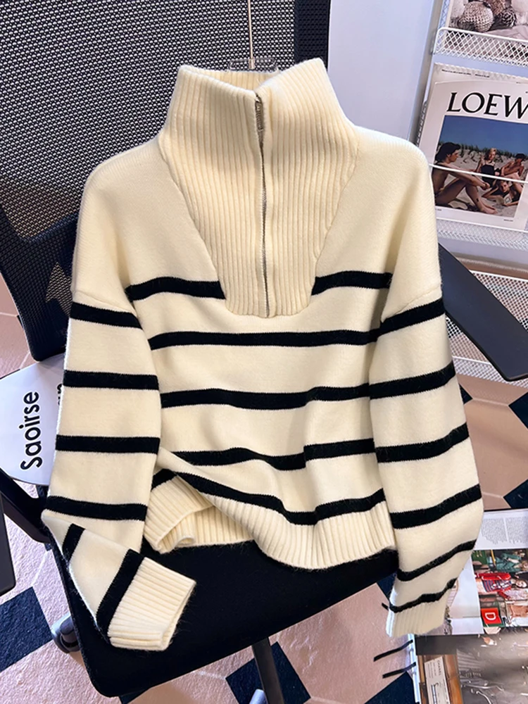 Women Striped Turtleneck Zipper Sweater Mujer Long Sleeve Tops Knitwear Korean Fashion Pullovers Loose Female Sweaters