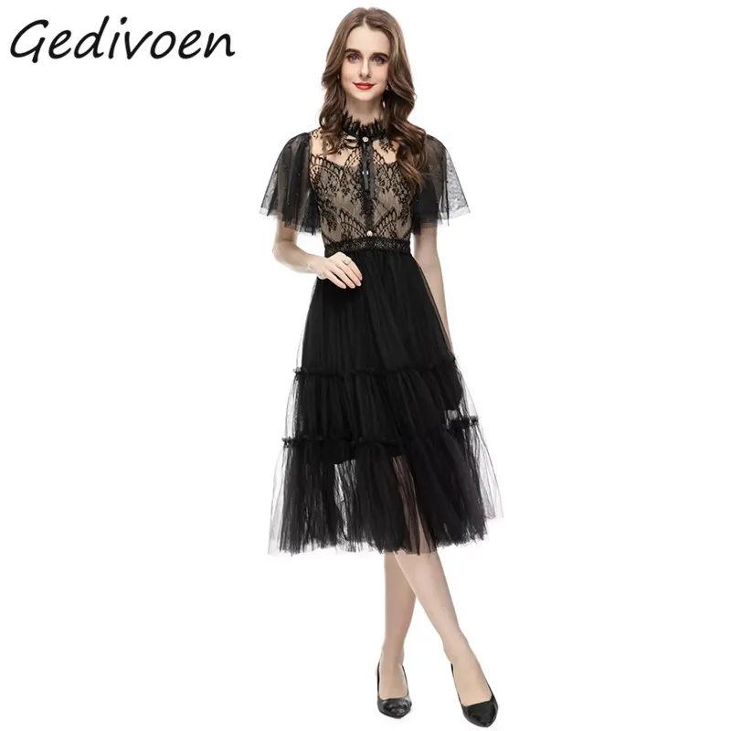 

Gedivoen Summer Fashion Designer Elegant Chiffon Dress Women Stand Collar Short Sleeve Lace Bow Button Ruffles Black Midi Dress