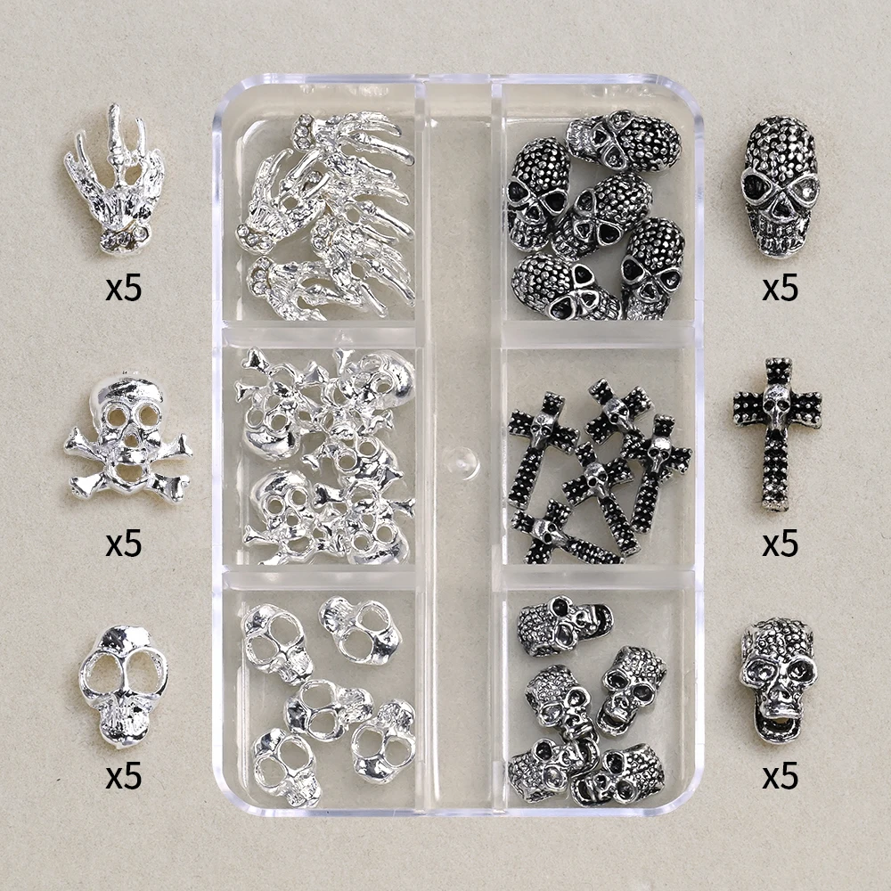 30 قطعة خمر الشرير الصليب الجمجمة هالوين مسمار السحر ثلاثية الأبعاد الفضة الأسود هيكل عظمي معدني مجوهرات أظافر لتقوم بها بنفسك مسمار الفن الحرفية الديكور *