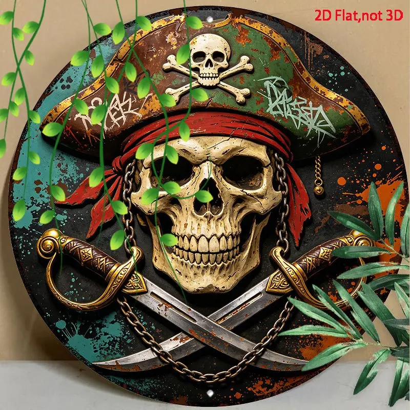 2D Flat Funny Metal Decor Sign, Skull Pirate Hat Red Bandana Swords Graffiti, Home Decor, Garden Decor, 2D Flat
