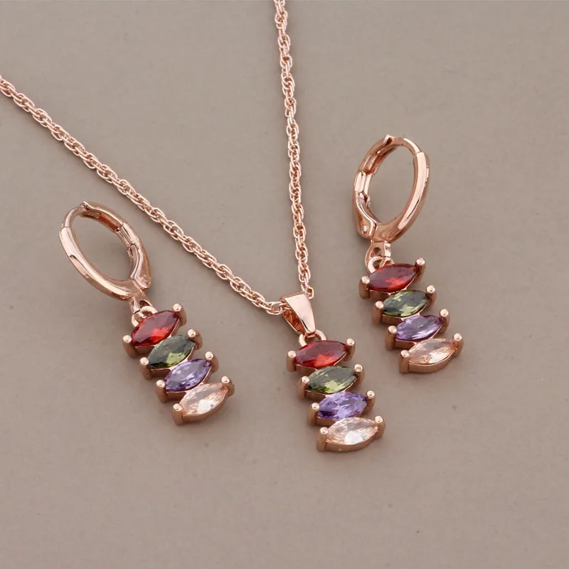 New Trend Drop Earrings Sets for Women Fashion Colorful Natural Zircon With Rose Gold Color Simple Daily Jewelry Sets