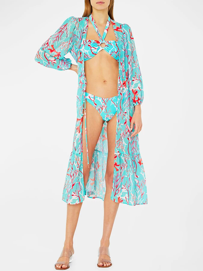 Conjunto de Bikini con estampado oceánico para mujer, traje de baño de 2 piezas de lujo para salida de playa, Kimono Sexy, novedad de 2023