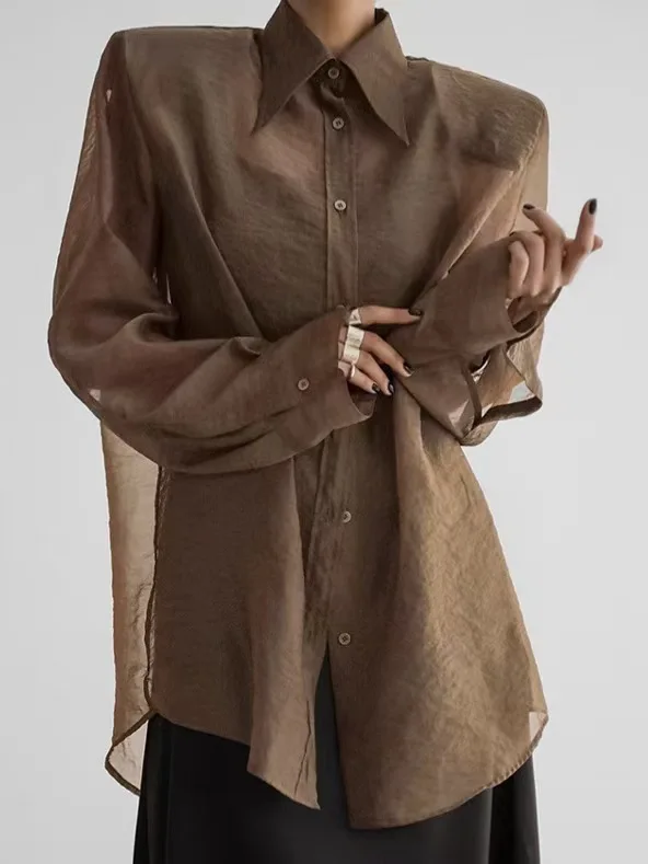 Ele Vintage Long Sve Me irt Vestibilità ampia Sexy Vedi resistente da pendolarismo Sle Colletto in puro colore abbottonato