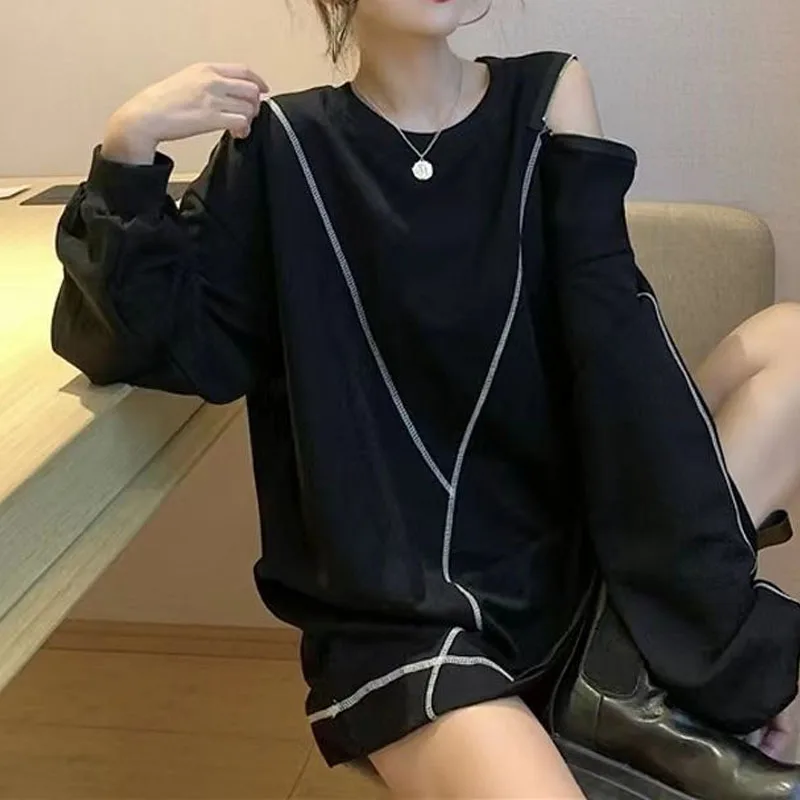 New Autumn Fashion Trend Off Shoulder Sleeves Zipper Round Neck Loose Versatile Western Style Slim Student Long Sleeve Sweater