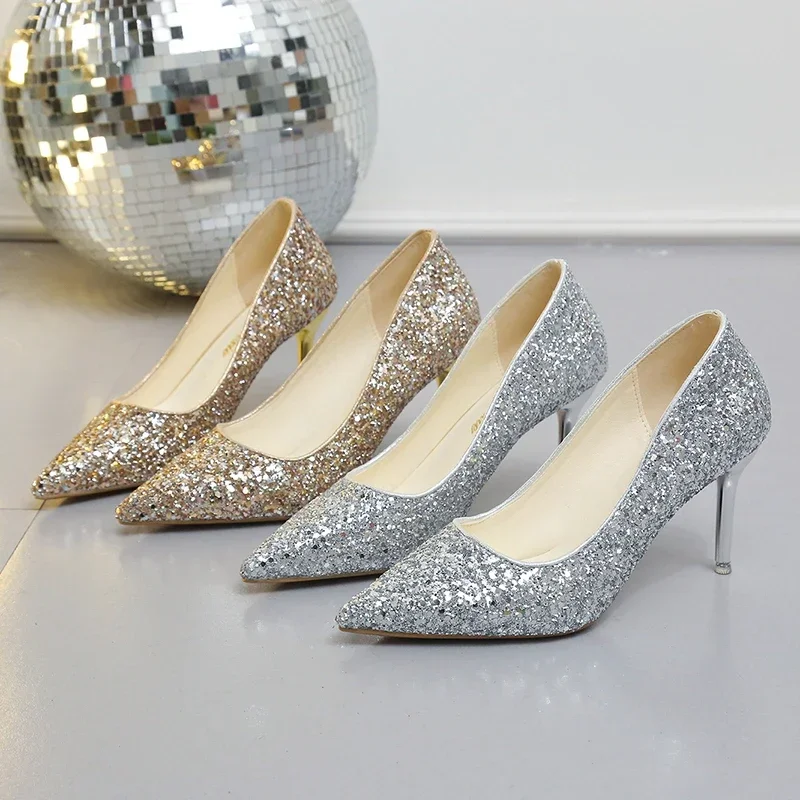 Fashion High Heels Women Sequins Thin Stiletto Banquet Wedding Shoes 2024 New Autumn /Winter Sexy Pointed Toe Ladies Party Shoes