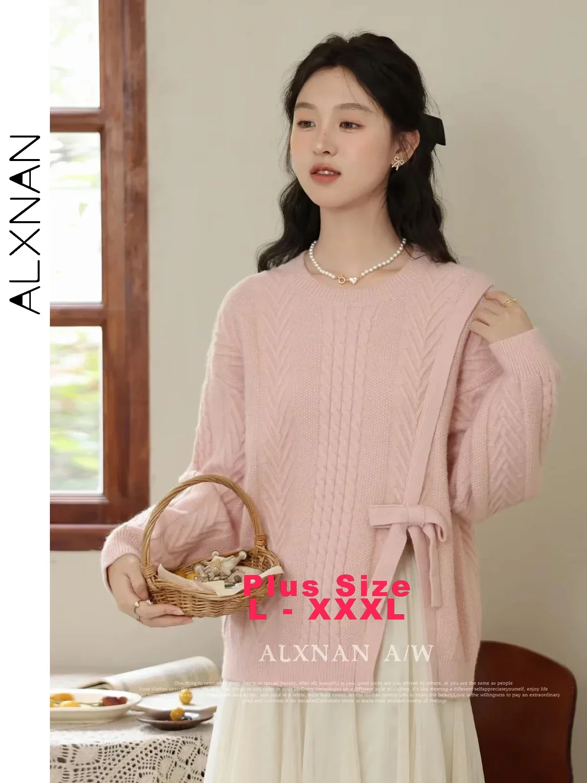 

ALXNAN Women's Plus Size O-neck Pullovers Pink Knitted Sweater 2024 Autumn Winter Irregular Split Long Sleeve Loose Tops DM00621