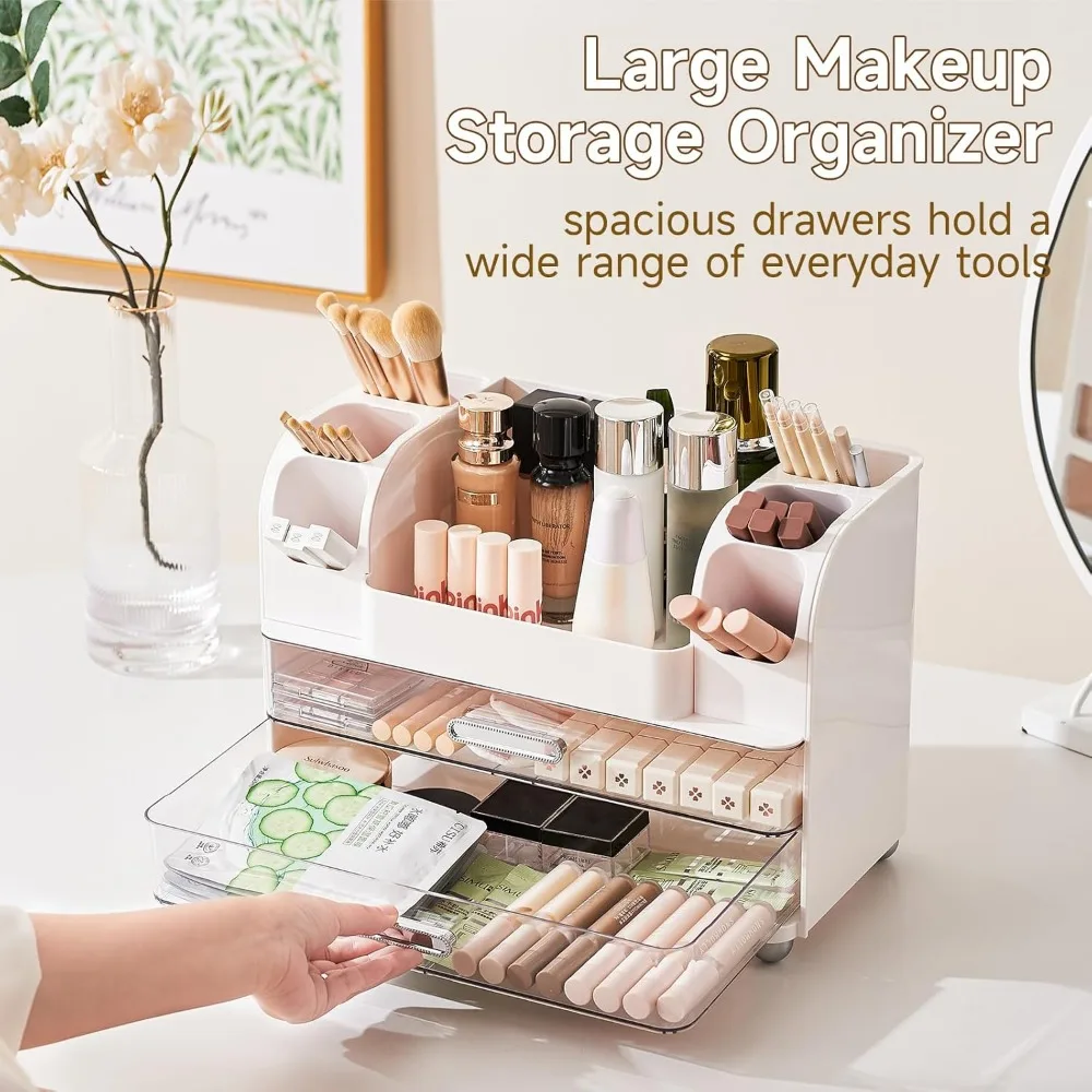White Makeup Organizer with 2 Large Drawers, Brush Holders for Vanity Bathroom Countertop Office Desk Storage