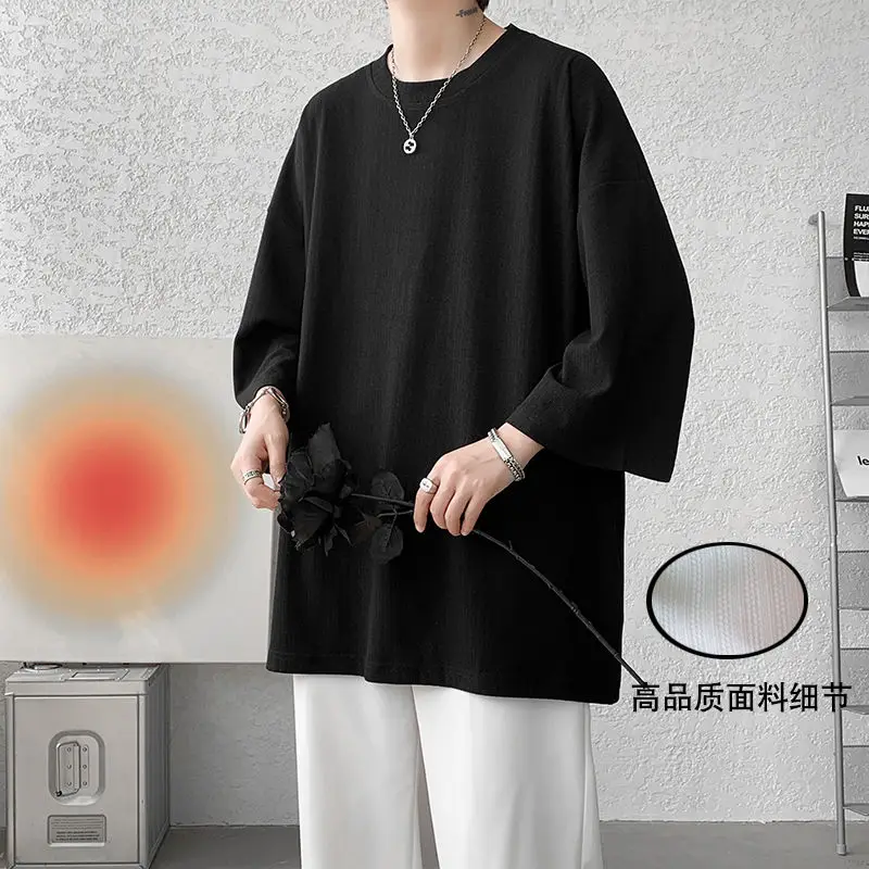 Comfortable Three Quarter Sleeve Round Neck Casual Solid Oversized Pullovers Loose T-Shirts Fashion Summer Thin Men\'s Clothing