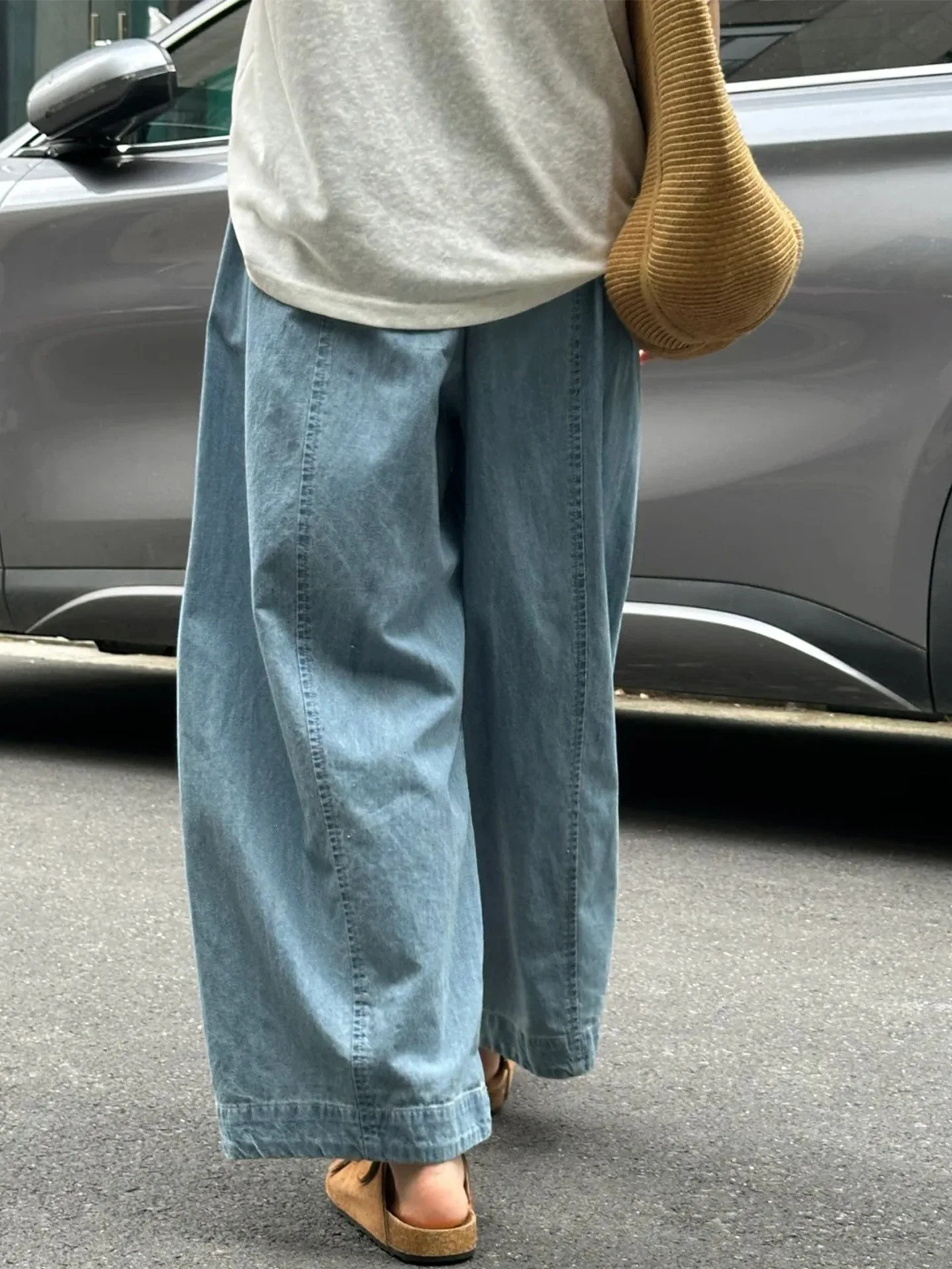 Light Wash Denim Elastic Drawstring Wide Leg Ankle Pants Women Loose Casual Baggy Jeans with Side Pockets