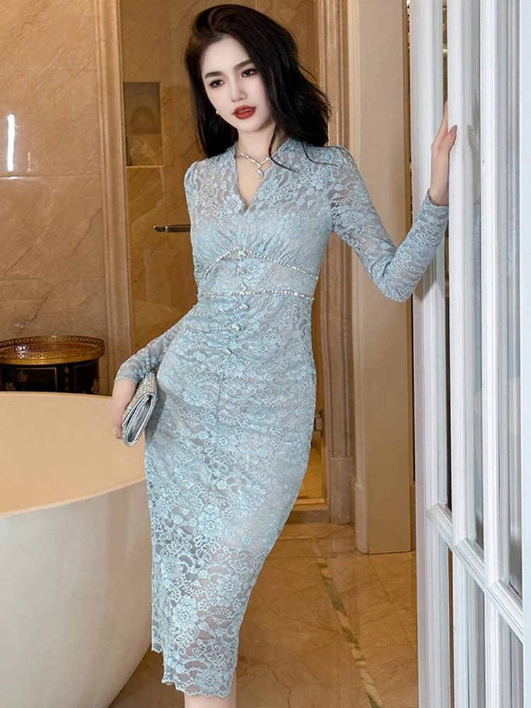 Women's French Gentle Style Midi Dress Exquisite Sheer Lace Embroidery Single Breasted Bodycon Robe Lady Party Banquet Vestidos