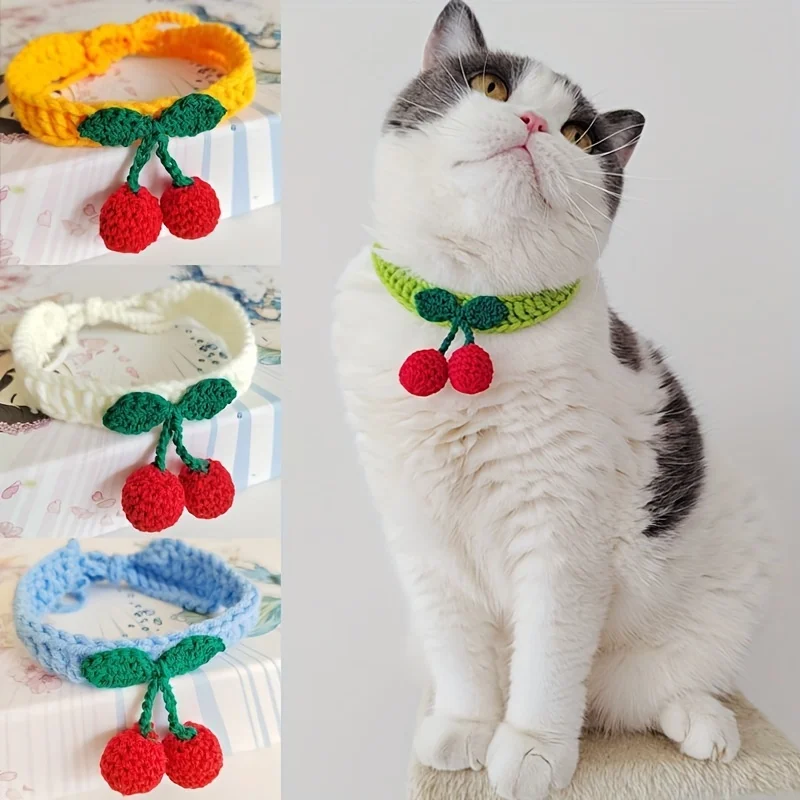 Coleira para animais de estimação, feita à mão, de malha, com decoração de cereja, colar fofo para gatos, suprimentos para gatos