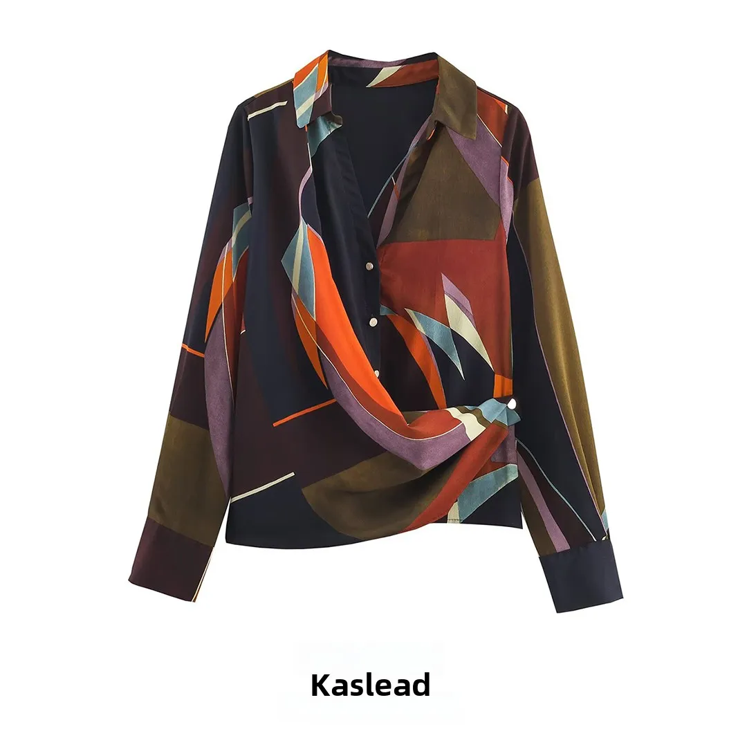 

Faionable Simple Printed Double-Breasted irt Women's Street Sle Loose Fit Long Sve Polyester Fiber Skin-Friendly Bre...