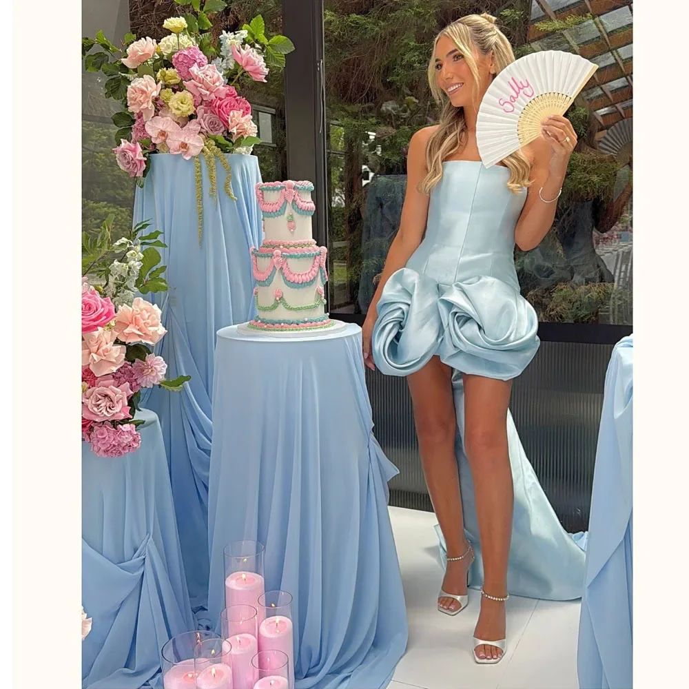 Sweety Himmelblaue Damenkleider zum Feiern, hoch niedrig, drapiert, plissiert, Blasenmädchenkleid, trägerlos, schulterfrei, floral, lange Ballkleider