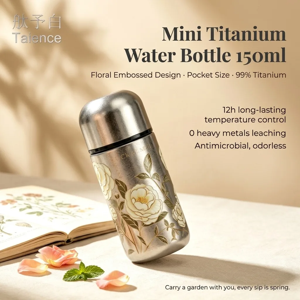 Taience Mini Titanium Water Bottle 150ml Insulated Thermos Leak Proof Floral Embossed Design Portable Pocket for Travel Commute