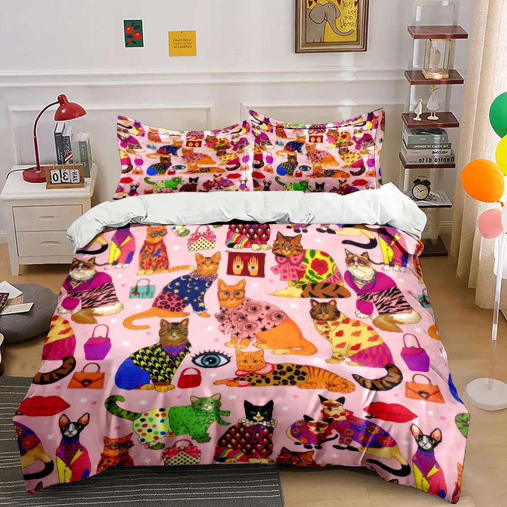 3Pcs Fashion Dress Up Cat Duvet Cover Set, Pink Background Luxury Kitty Repeat Bedding Single Double King Queen, Gift
