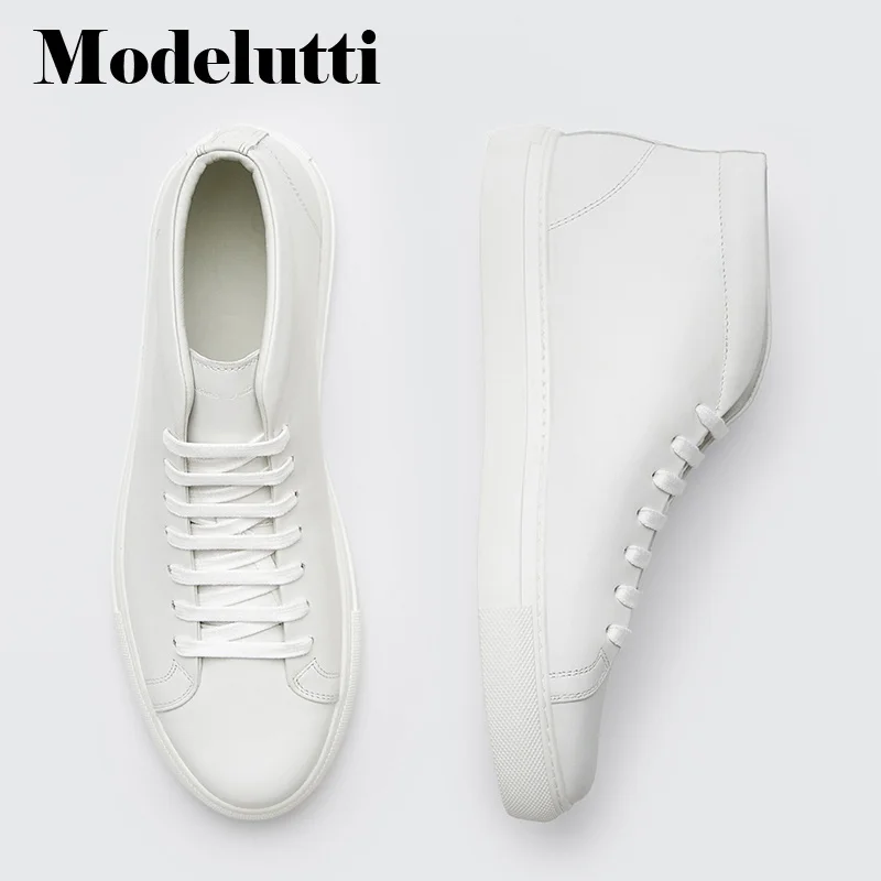 Spring 2023 New Autumn Genuine Leather Lacing High Top Flat Sneakers All-match Solid Color Simple Casual Shoes Male