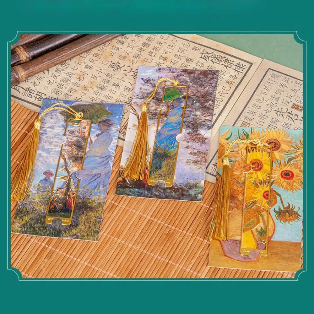 Oil Painting Metal Bookmark Student Gift with Long Tassel Reading Book Clip School Office Supplies Hollow Pagination Mark