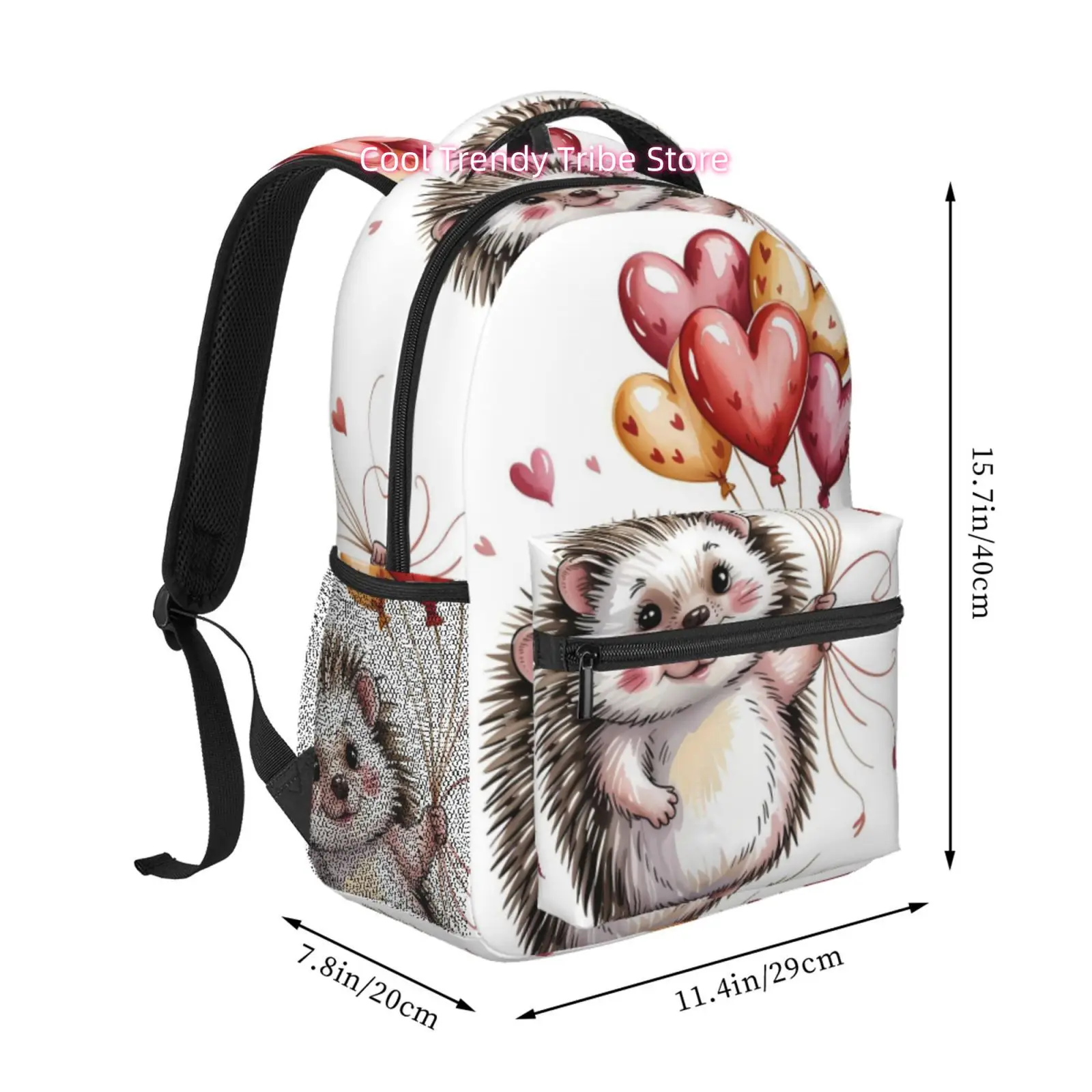 Cute Hedgehog with Heart Balloons Print Backpack, Adjustable Shoulder Straps, Oxford Cloth, for Commuting and Work